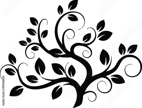 Black silhouette ornamental tree design with swirling branches and leaves vector art