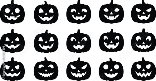Black silhouette Halloween pumpkin jack-o-lantern faces collection in various spooky expressions with carved eyes and mouths