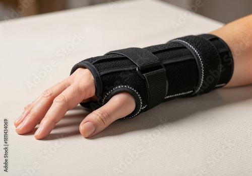 Hand in black wrist brace resting on a table surface  