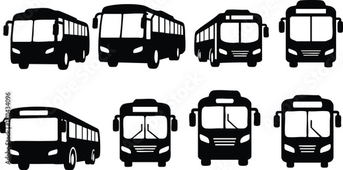 Black silhouette bus icons set different front views for transport and travel graphics design elements