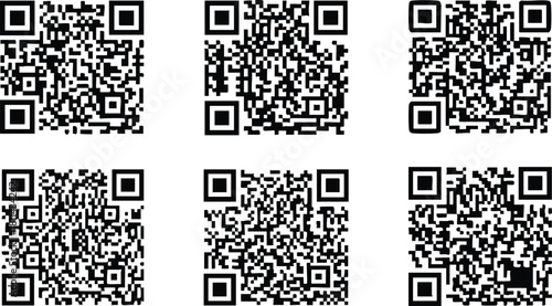 Six black and white QR codes arranged in two rows on white background digital technology data matrix pattern