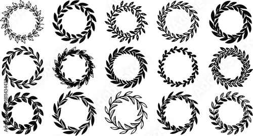 Black laurel wreath clipart set with sixteen different circular leaf patterns for design and decoration use