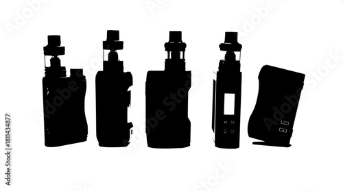 High-contrast black-on-white silhouette lineup of four uniquely shaped vaping devices, each featuring distinct white-detailed screens and buttons, with varying screen sizes and button layouts, present