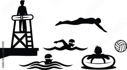 Lifeguard overseeing swimmers playing water polo with floating ring and ball in black silhouette style
