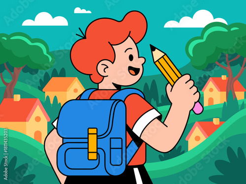 A cheerful child with bright red hair, holding a pencil, stands in a picturesque landscape filled with trees and cozy houses, embodying the spirit of creativity and adventure.