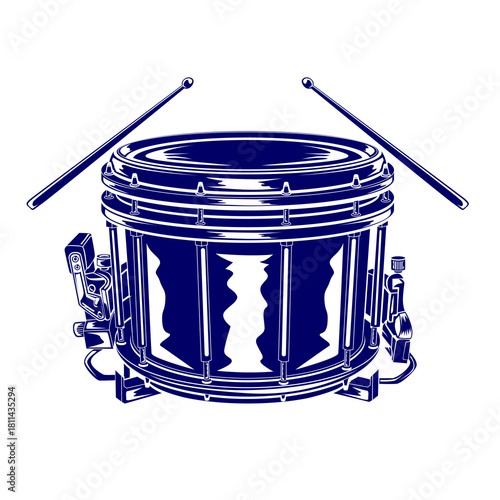 Detailed silhouette of a snare drum with drumsticks, perfect for music themes, marching band graphics, percussion artworks, event posters, and creative design assets.