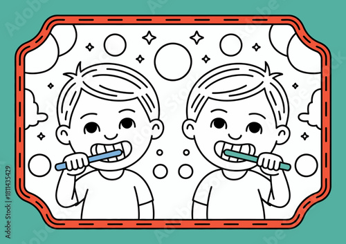 This cheerful image features two kids brushing their teeth together, promoting healthy habits and the importance of dental hygiene in a fun, light-hearted manner for children.