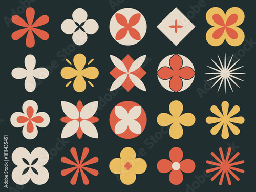 This vibrant image displays a collection of colorful abstract floral patterns, showcasing a delightful mix of shapes and colors against a dark backdrop.