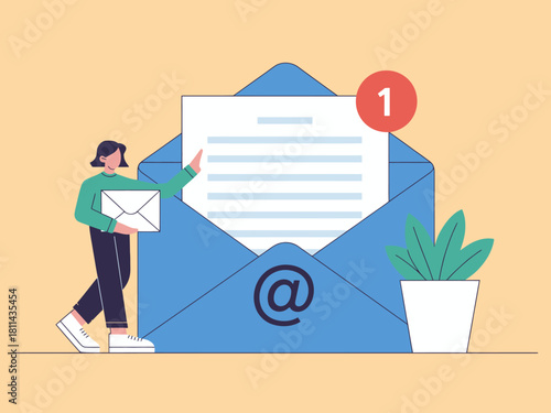 An engaging illustration depicting an email notification, showcasing a person receiving mail and representing communication, digital interactions, and connectivity.
