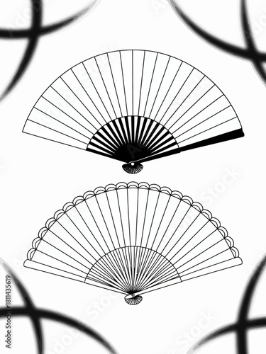 A stylish illustration of two intricate black and white fans captures the essence of traditional art, appealing to fans of cultural heritage and design aesthetics.
