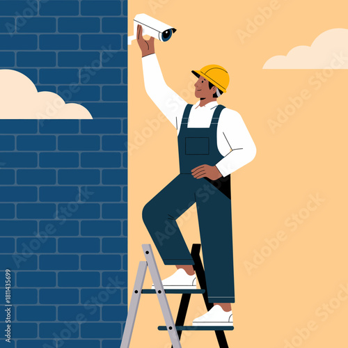 A professional worker is depicted installing a security camera on a wall, highlighting themes of safety, vigilance, and modern security measures in urban environments.