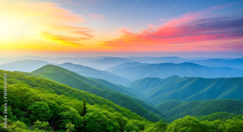 Fototapeta premium Vibrant sunrise over rolling green mountain range with blue haze