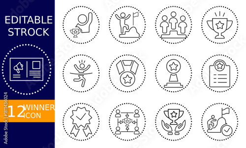 Editable stroke winner icon set showcasing success, achievement, and victory isolated on for diverse applications and designs