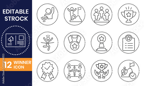 Editable stroke winner icon set showcasing success, achievement, and victory isolated on for diverse applications and designs
