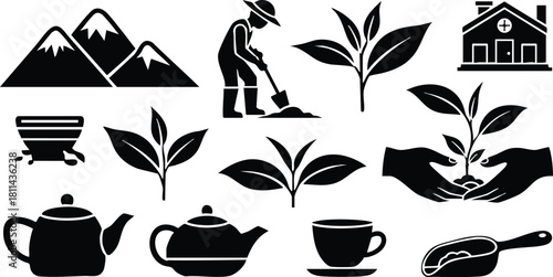 Gardening icons with mountain, plants, hands, teapots, cup, shovel and house elements for nature and home design