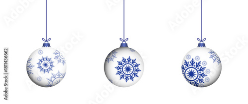 Christmas 3d white blue color retro hanging balls set vector illustration. Merry christmas baubles collection to use for christmas card, greetings, xmas, winter holiday, new year projects. 