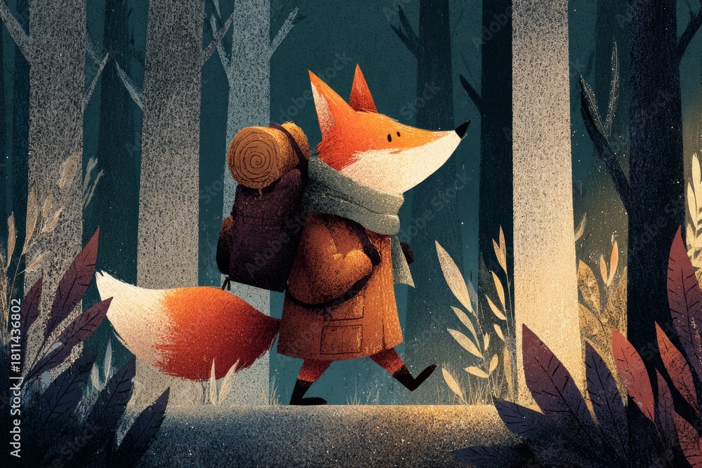 Obraz premium Anthropomorphic fox exploring a whimsical forest wearing a backpack and scarf