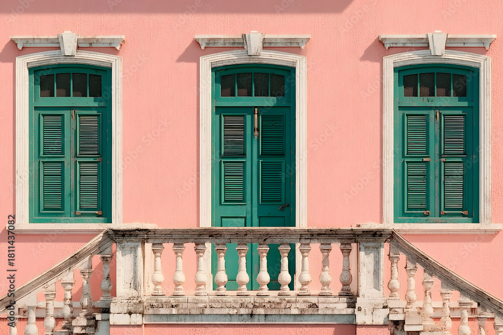 Naklejka premium Vintage architecture with green shutters on a pink wall, featuring a classic balustrade
