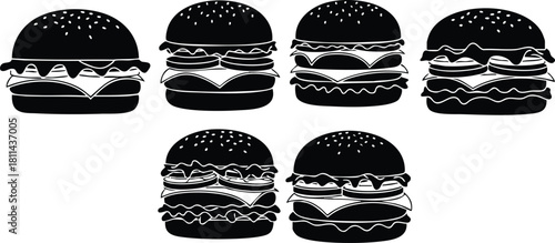 Black and white cheeseburger icons set with sesame seed buns and layered fillings digital vector illustration