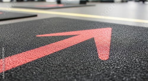 Directional Arrow Stencil Sign On Gym Flooring In Close-Up View Leading The Way, Clear