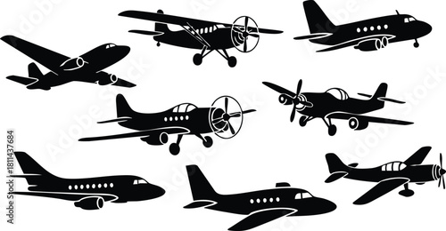 Collection of vintage and modern airplane silhouettes flying in formation black and white vector illustration