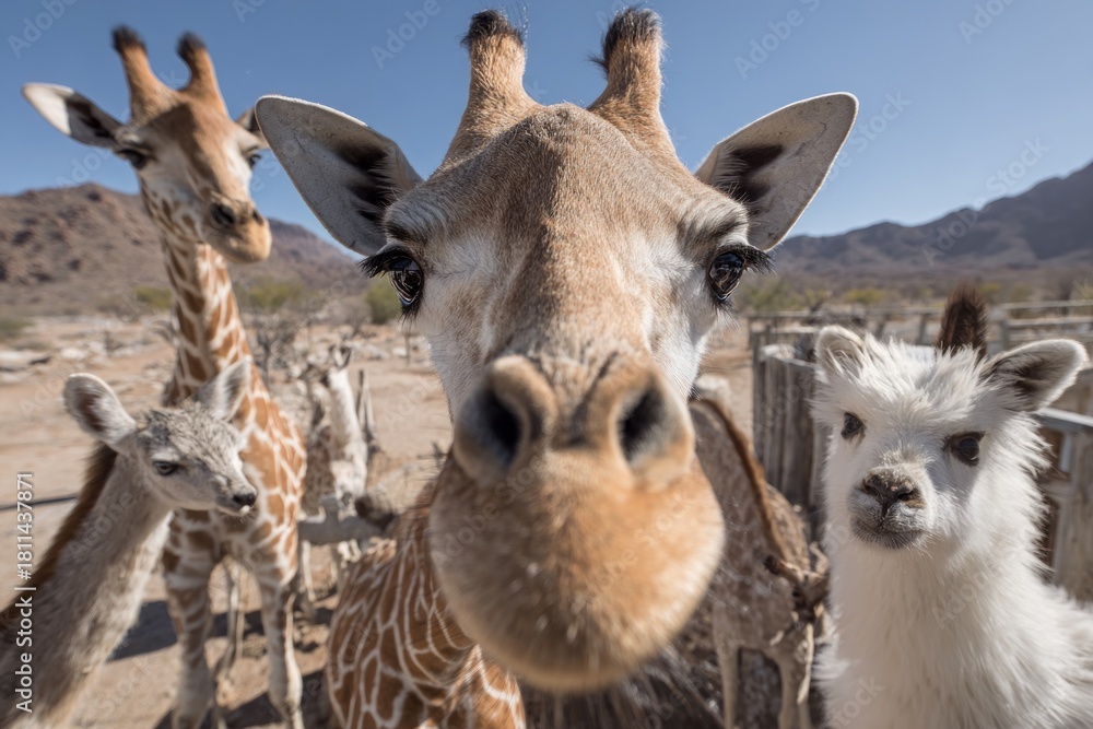 Naklejka premium Giraffe and alpaca together observing viewer with other animals in background