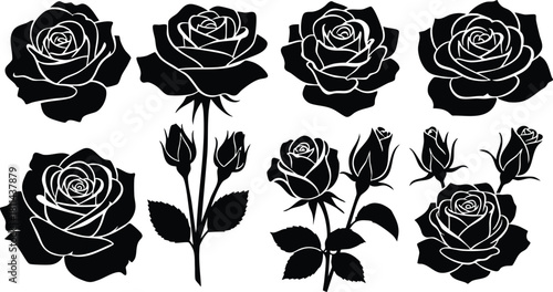 Black silhouette rose flower vector icons set with single and multiple blooms and buds illustration