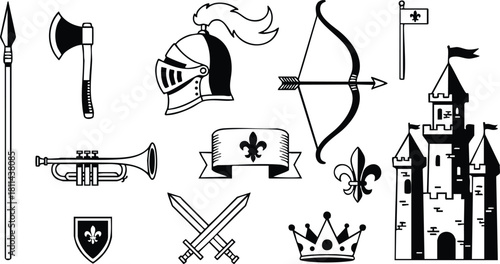 Medieval weapons helmet trumpets flags swords crown castle and fleur de lis black line art vector icons set