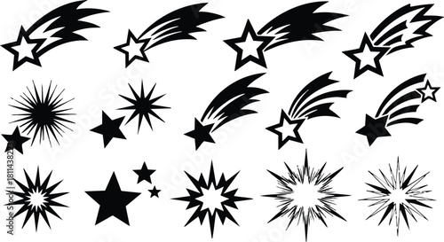 Collection of black shooting star icons with various shapes and styles for graphic design elements and creative projects
