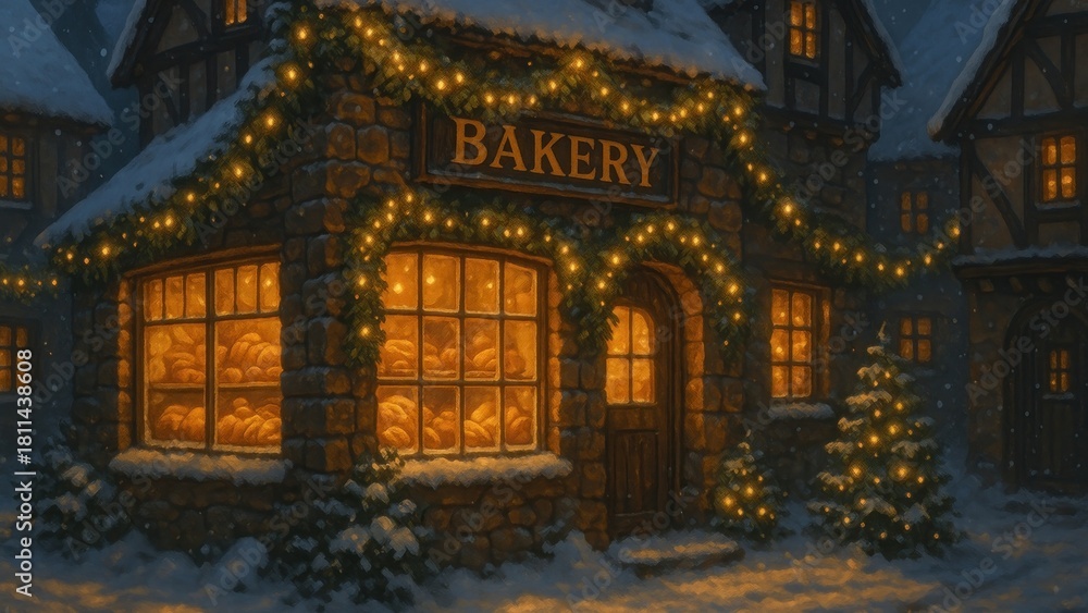 Obraz premium Cozy bakery in winter night desktop wallpaper
