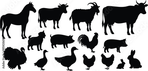 Silhouettes of farm animals including horse cow goat pig chicken turkey rabbit in black vector style