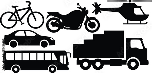 Various transportation vehicle silhouettes including bicycle motorcycle car bus helicopter and truck in black vector style