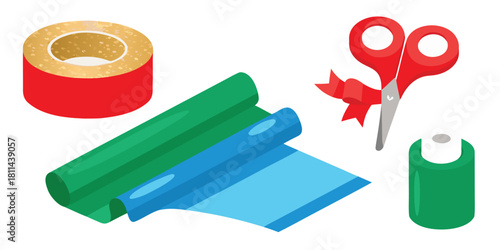 Craft supplies tape scissors wrapping paper ribbon container diy art project