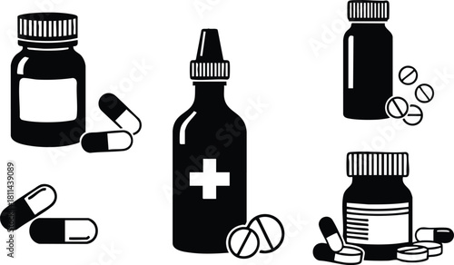 Medical bottles and capsules illustration with pill container and medicine dropper design in black silhouette style