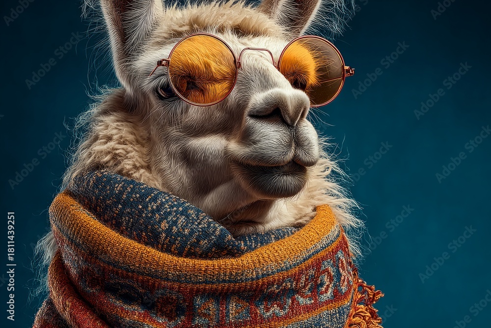 Obraz premium Llama with a cozy scarf and stylish round sunglasses standing against a blue background