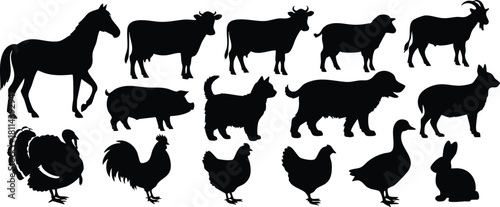 Various farm animal silhouettes including horse cow goat pig chicken rabbit and turkey in black vector style