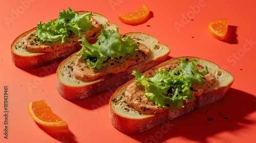 thin slices of sliced bread with a thin cover of pâté and a lettuce leaf on each one of the sliced bread slices  red color block solid background