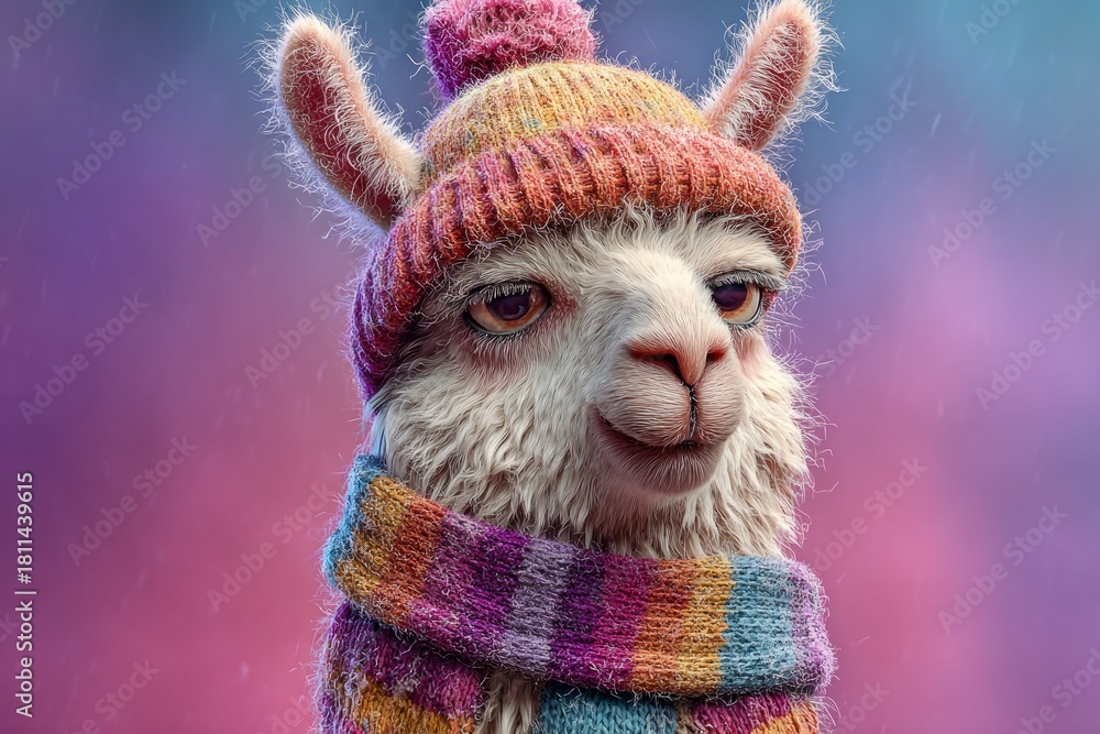 Obraz premium Llama portrait wearing warm, knitted clothing, featuring colorful wool and cozy winter style