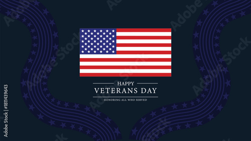 Minimalist Patriotic USA Flag Illustration Banner Design with Dark Blue Background and Wavy Star Lines for Veterans Day Greeting Poster