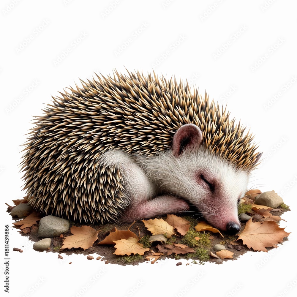 Fototapeta premium A cute hedgehog sleeping peacefully curled up on a bed of autumn leaves and small stones, isolated on white background