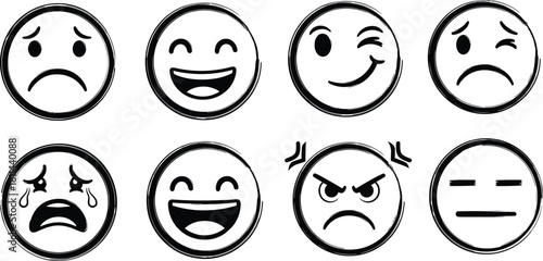 Hand drawn emoji set with varied expressions in black and white