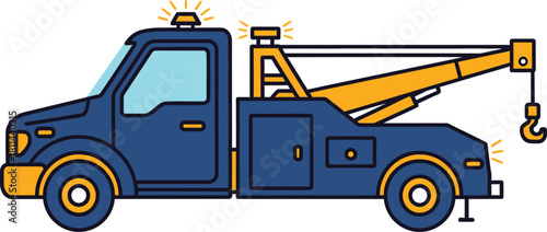 Blue tow truck illustration with orange crane and flashing lights