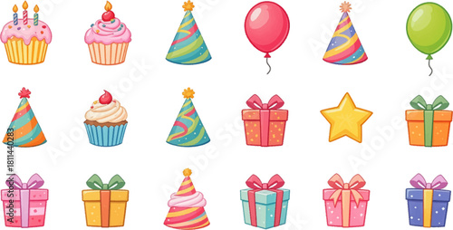 Bright birthday icons featuring cakes, balloons, and gifts. Colorful party elements perfect for fun celebration art. Cheerful birthday clipart set with cupcakes and presents