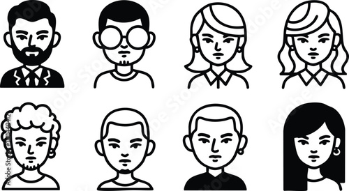 Diverse black and white avatar icons representing male and female faces with various hairstyles and accessories