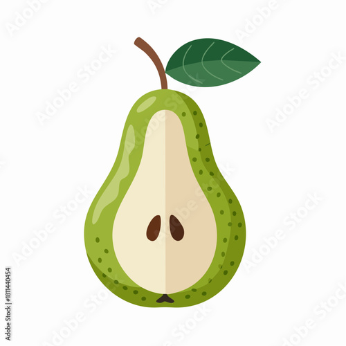 Green pear cut in half with leaf.