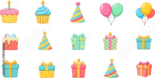 Vibrant birthday clipart set with cakes and party gifts. Colorful festive icons ideal for joyful celebration art. Cheerful party symbols featuring balloons and sweets