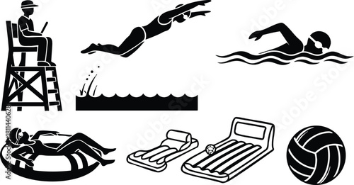 Lifeguard watching swimmer diving into pool and floating on inflatable rafts with volleyball beach ball summer fun