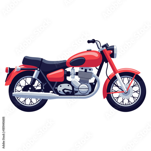 Retro Red Cruiser Motorcycle Side View Cartoon Illustration