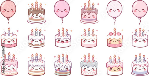 Cute kawaii birthday cakes and balloons in pastel style. Sweet smiling cake icons for adorable party themes. Pastel kawaii desserts perfect for birthday designs