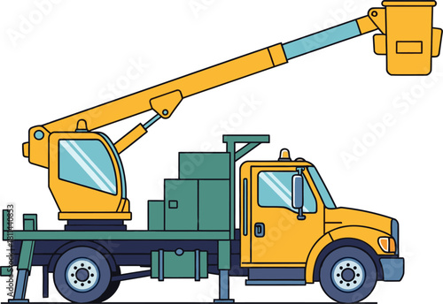Yellow cherry picker truck illustration with extended boom and basket